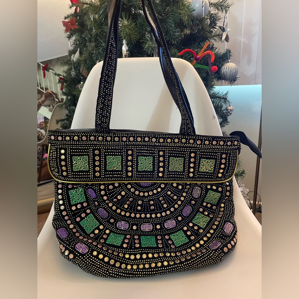Black Embellished Studded Tote Bag Boho Tribal Mandala Design Large - Beaded Bag